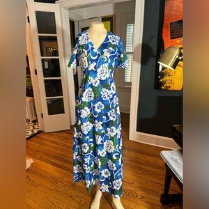 Vintage 1970’s Royal Hawaiian blue and green maxi dress
